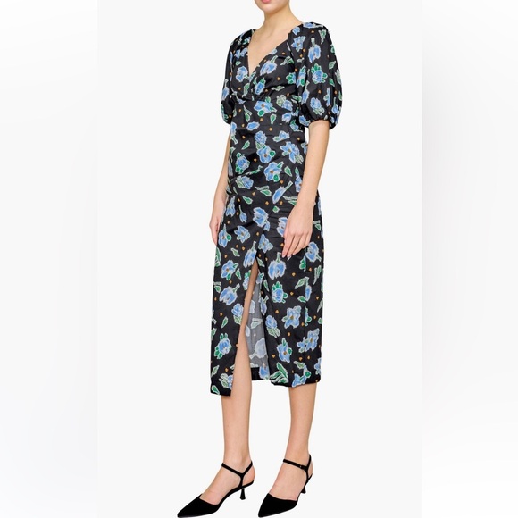 Melloday Puff Sleeve Poplin Faux Wrap Midi size S - Picture 3 of 9